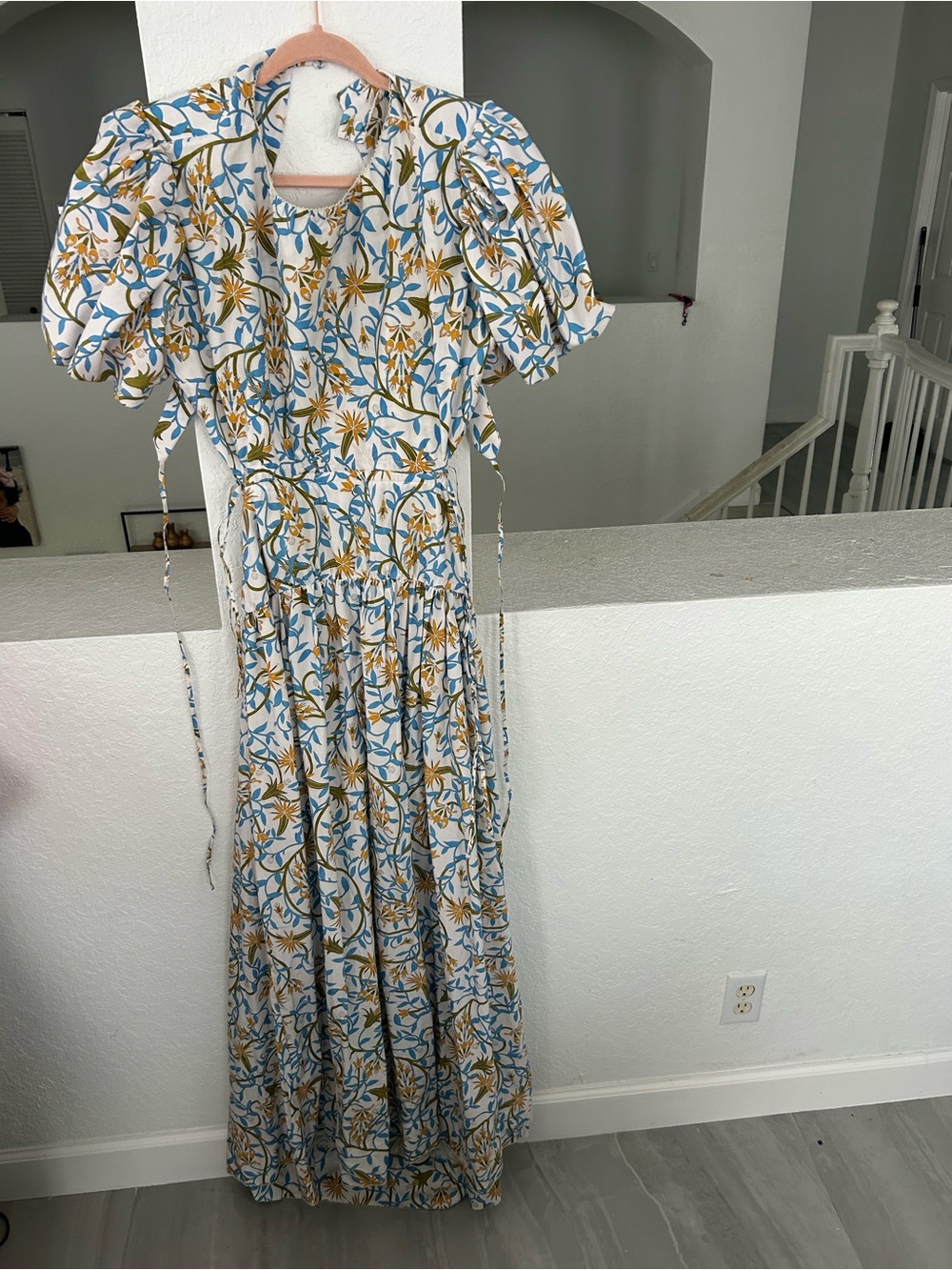 Agua by Agua Bendita White Maxi Dress with Blue and Mustard Floral Print